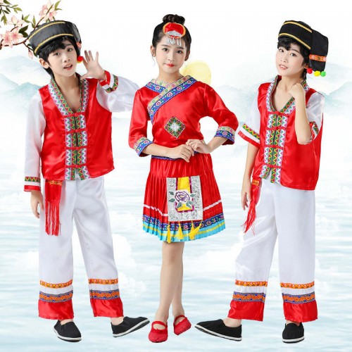 Children Chinese folk  Miao nationality dance costumes hmong boys girls performance dresses Guangxi Zhuang minority Yiliyao Sheqiang Tujia dance clothes